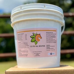 bucket of C2 Fecal Water supplement with label treats free fecal water syndrome in horses