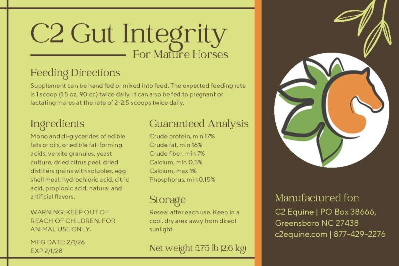 label with ingredients and feeding instructions for C2 Gut Integrity